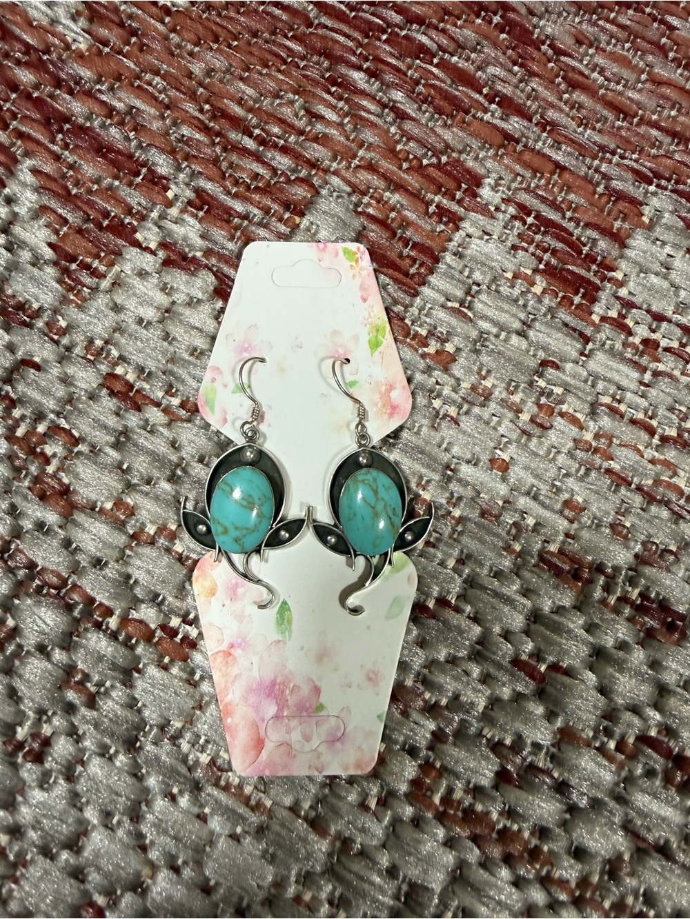 Real Turquoise Stone Leaf Drop Earrings - Blue Silver Tone